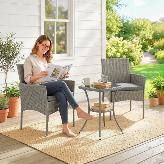 3 Piece Rattan Bistro Set | 2 Cushioned Armchairs | 2-Tier Glass Top Table | Powder Coated Steel | 120kg | Dark Grey