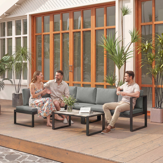 4-Piece L-Shape Garden Sofa Set | 2 Loveseats | Armless Chair | Coffee Table | Texteline Mesh | 10cm Seat & 16cm Back Cushions | 240kg | Dark Grey