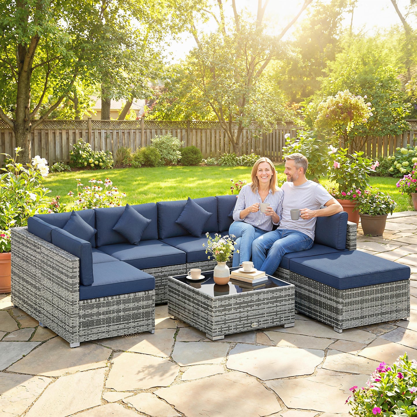 8-Piece Modular PE Rattan Corner Sofa Set | 2 Corner & 4 Middle Seats | Footstool | Tempered Glass Coffee Table | Thick Cushions | 4 Coloured Pillows | Protective Cover | Adjustable Foot Pads | 120kg Per Seat | Dark Blue
