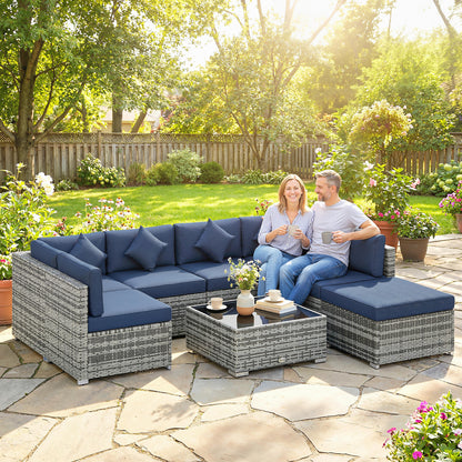 8-Piece Modular PE Rattan Corner Sofa Set | 2 Corner & 4 Middle Seats | Footstool | Tempered Glass Coffee Table | Thick Cushions | 4 Coloured Pillows | Protective Cover | Adjustable Foot Pads | 120kg Per Seat | Dark Blue