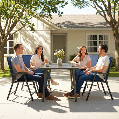 Set of 4 Folding Garden Dining Chairs | 60cm High Back | Curved Armrests | Texteline Fabric | 120kg | No Assembly | Navy Blue