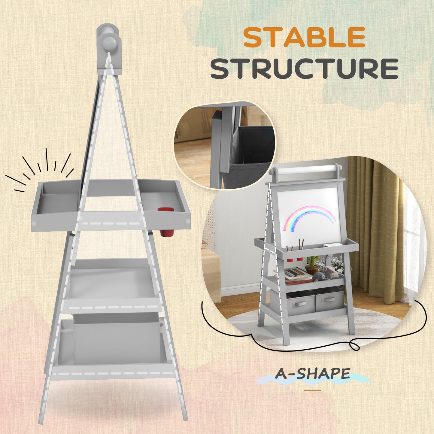 AIYAPLAY 3 in 1 Kids Easel Double-Sided Magnetic Whiteboard and Chalkboard With Paper Roll, Storage Baskets - Grey