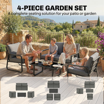 4-Piece Garden Sofa Set | Loveseat, 2 Armchairs & Glass Table | 16cm Cushions | Zip Covers | Black