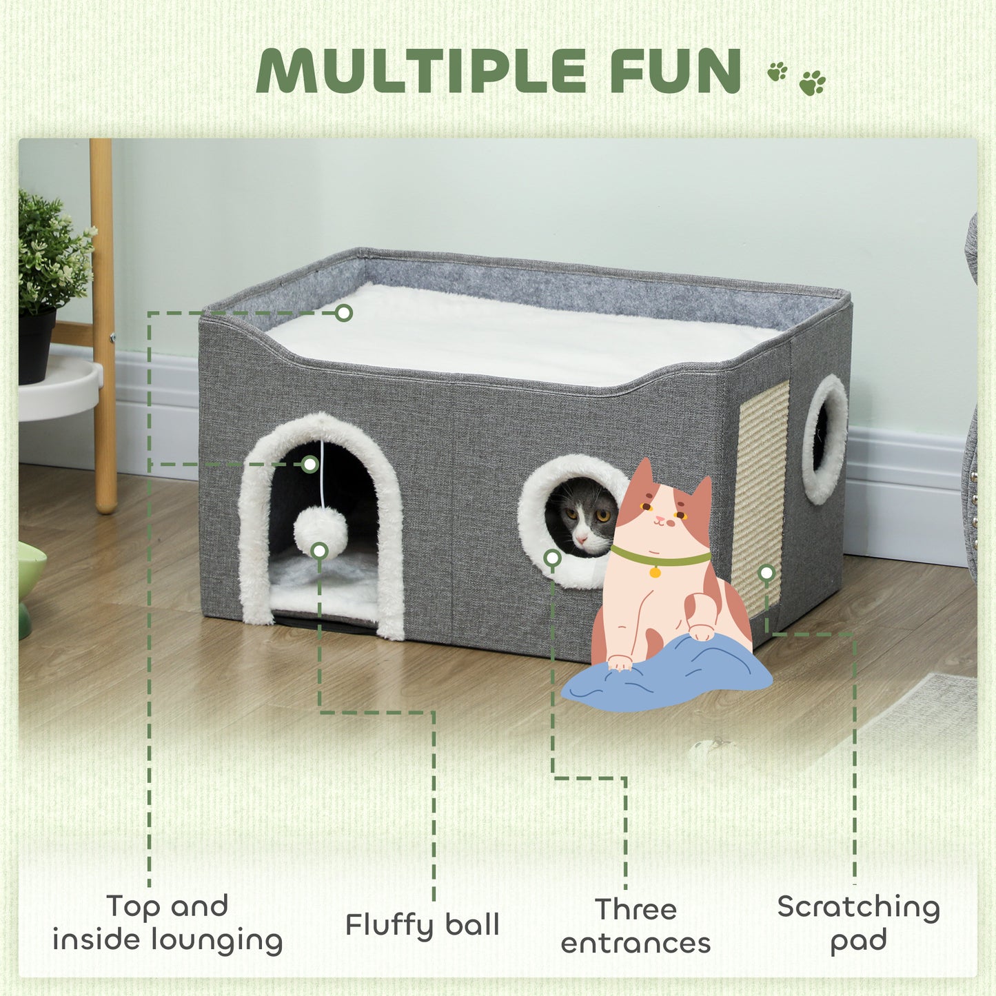 PawHut Cat Bed for Indoor Pets, Foldable Cat House with Fluffy Ball and Scratch Pad for Small and Medium Pets, Grey