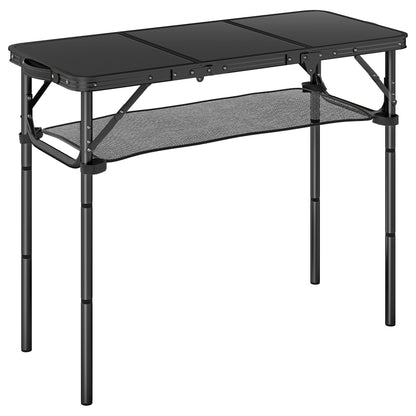 3ft Folding Camping Picnic Table | Tri-Fold | 90x40cm | Water Repellent MDF Top | Mesh Storage Layer | Carry Bag | 35kg | Black