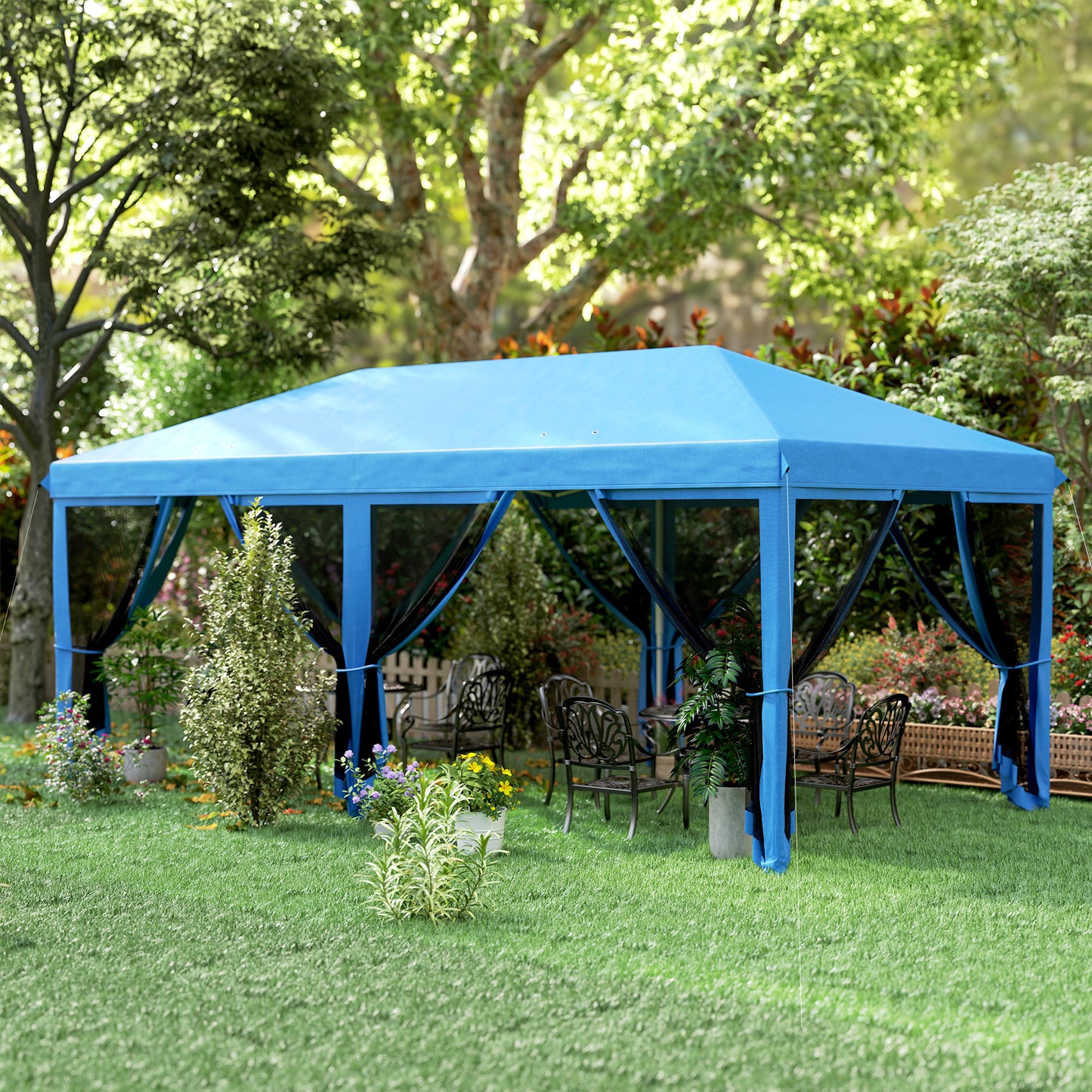Outsunny 3 x 6m Pop Up Gazebo, Outdoor Canopy Shelter, Marquee Party Wedding Tent with 6 Mesh Walls and Carry Bag, Blue / Black