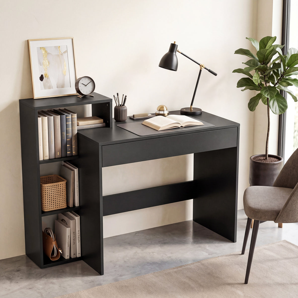Compact Computer Desk with Storage | Wide Drawer & 3 Open Side Shelves | Black Study Workstation with Melamine Finish | 100W × 40D × 90Hcm