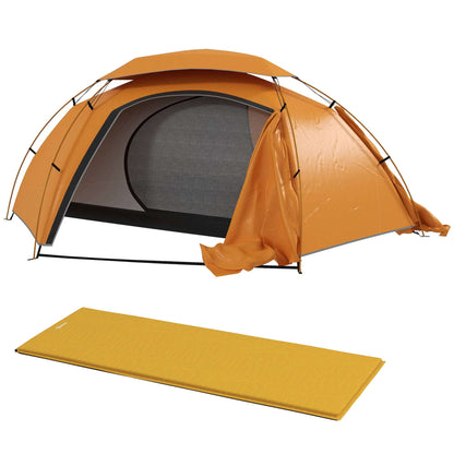 Outsunny Camping Dome Tent W/ Self Inflatable Mattress, 1 Person, Removable Rainfly, 2000mm Waterproof, Portable W/ Bags for Fishing Hiking