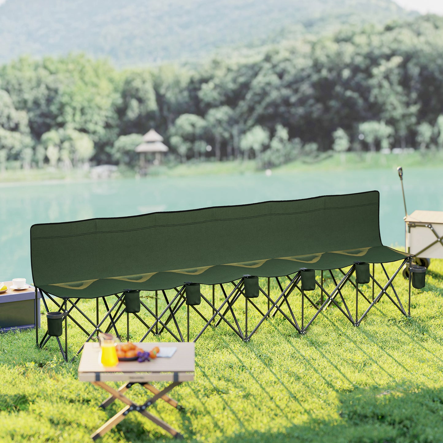 6-Seater Folding Camping Chair with Cup Holders & Carry Bag – 114kg Per Seat, Folds to 41x14x80cm, Oxford Fabric, Metal Frame – Green