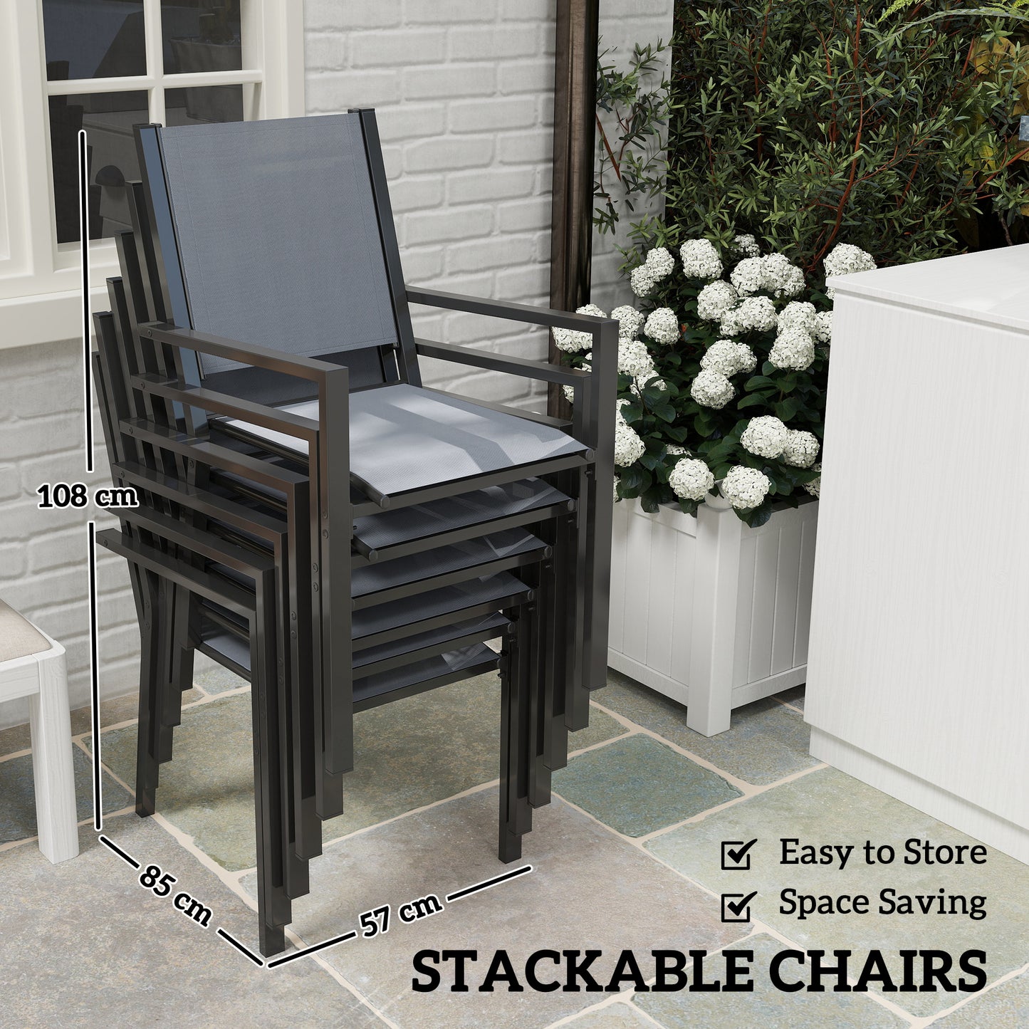 7 Piece Garden Dining Set, Outdoor Furniture Set with 6 Stackable Chairs and 150 cm Rectangle Table, WPC Slatted Top, Rust-Resistant Steel Frame