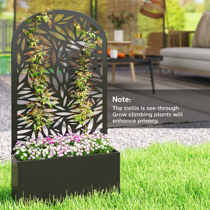 Metal Raised Planter with Curved Leaf Trellis & Privacy Screen | Wall Mounted or Freestanding | 29L Soil | 50kg | Powder-Coated | 61x23x113cm | Climbing Plants | Black
