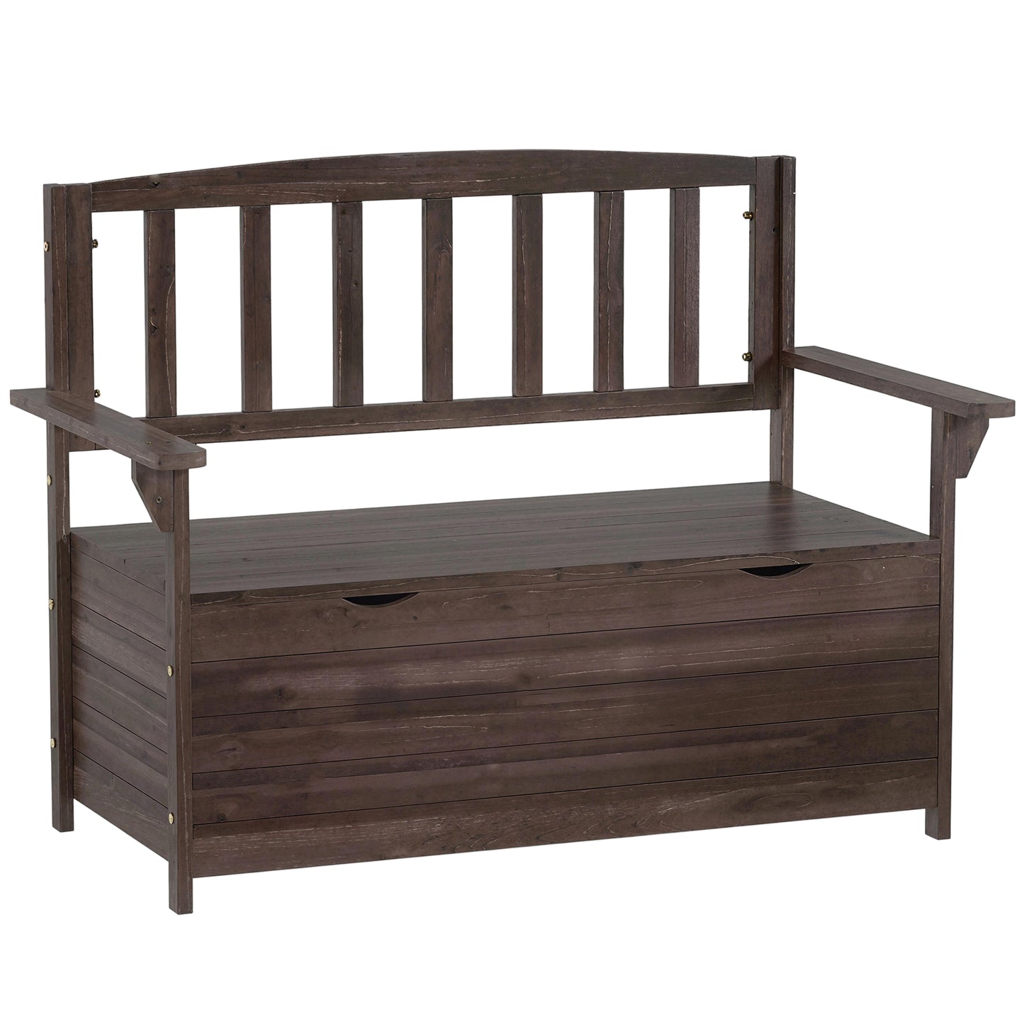 Outsunny Outdoor 2 Seater Garden Bench, Wooden Bench with Storage, Backrest, Arm Rests, 112 x 84 x 58 cm, Brown
