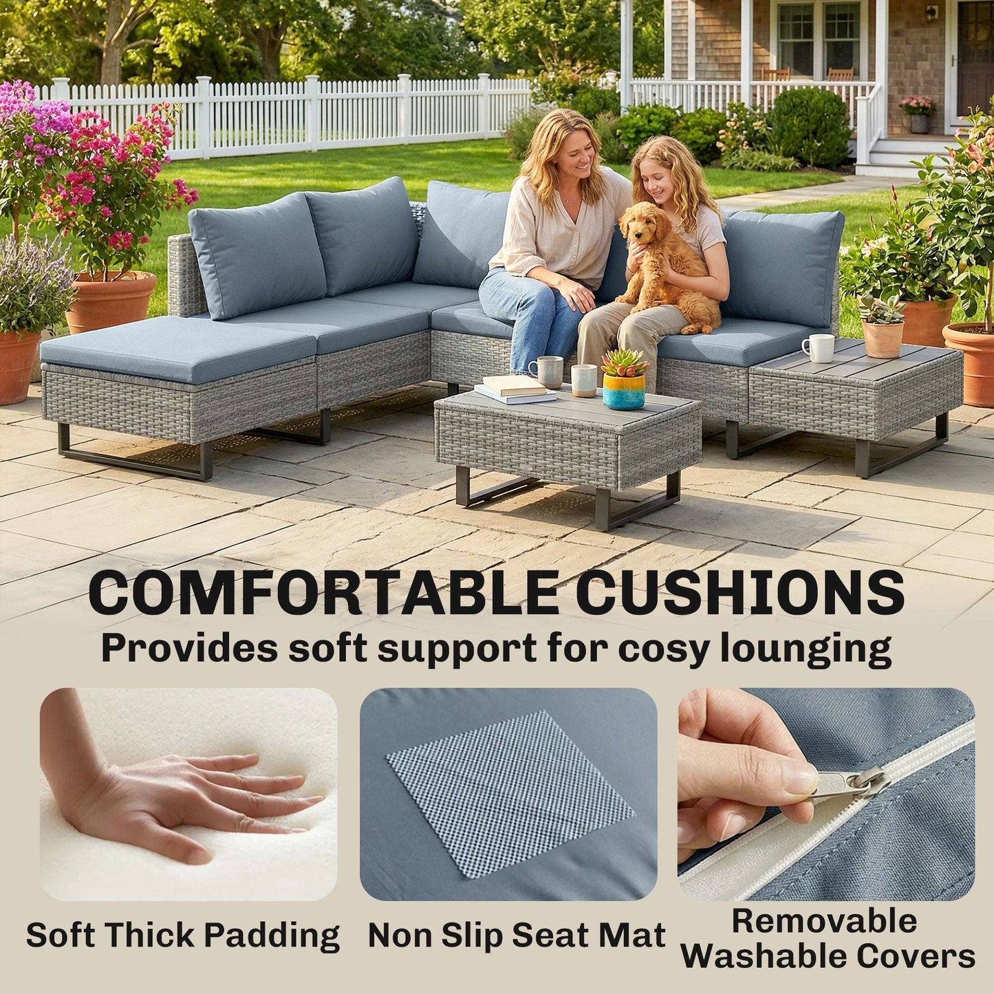 5 Seater L-Shaped Rattan Garden Corner Sofa Set | Adjustable Backrest & Chaise Lounge | Loveseat & Coffee Table | Zipped Cushion Covers | Powder-Coated Frame | 360kg Capacity | Grey
