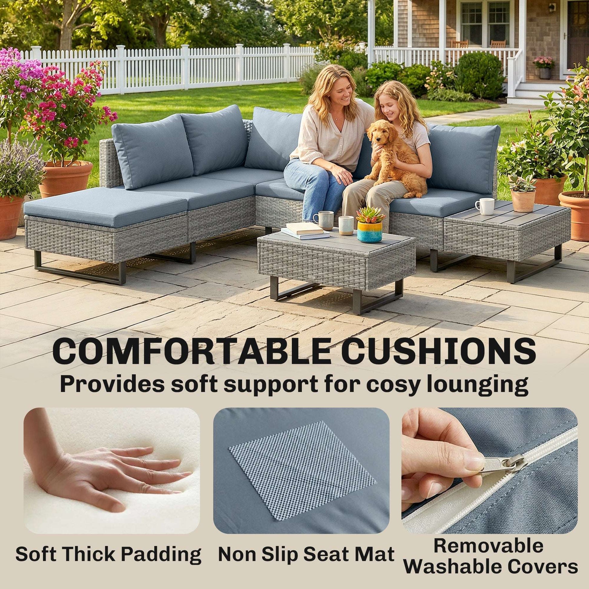 5 Seater L-Shaped Rattan Garden Corner Sofa Set | Adjustable Backrest & Chaise Lounge | Loveseat & Coffee Table | Zipped Cushion Covers | Powder-Coated Frame | 360kg Capacity | Grey