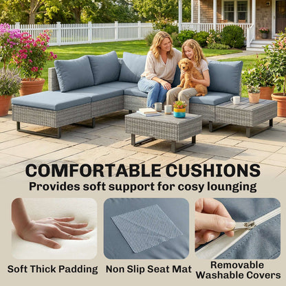 5 Seater L-Shaped Rattan Garden Corner Sofa Set | Adjustable Backrest & Chaise Lounge | Loveseat & Coffee Table | Zipped Cushion Covers | Powder-Coated Frame | 360kg Capacity | Grey