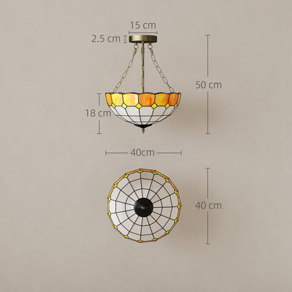 Tiffany Style Ceiling Light, Vintage Chandelier with 3 E27 Sockets, Semi Flush Mount for Living Room, Bulbs Not Included