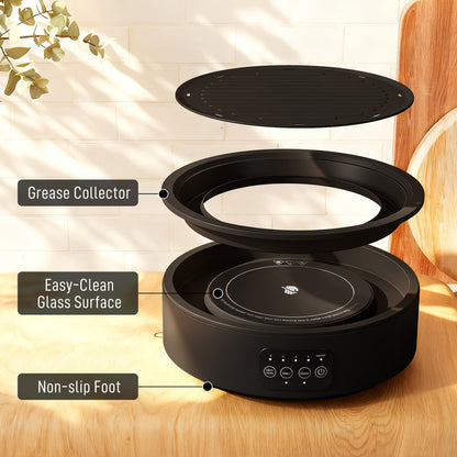 Electric Ceramic Hob with Grill Plate, Multifunctional 36cm Plug in Electric Hob with 4 Heat Levels for All Type Pot