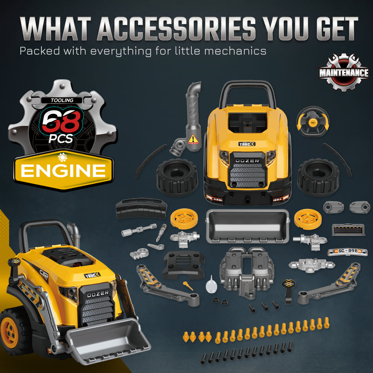 Kids Excavator Engine Toy | Yellow Pretend Play Mechanic Workshop with 63 Parts & 4 Tools