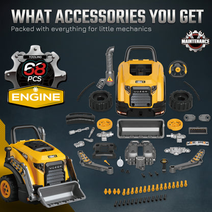Kids Excavator Engine Toy | Yellow Pretend Play Mechanic Workshop with 63 Parts & 4 Tools