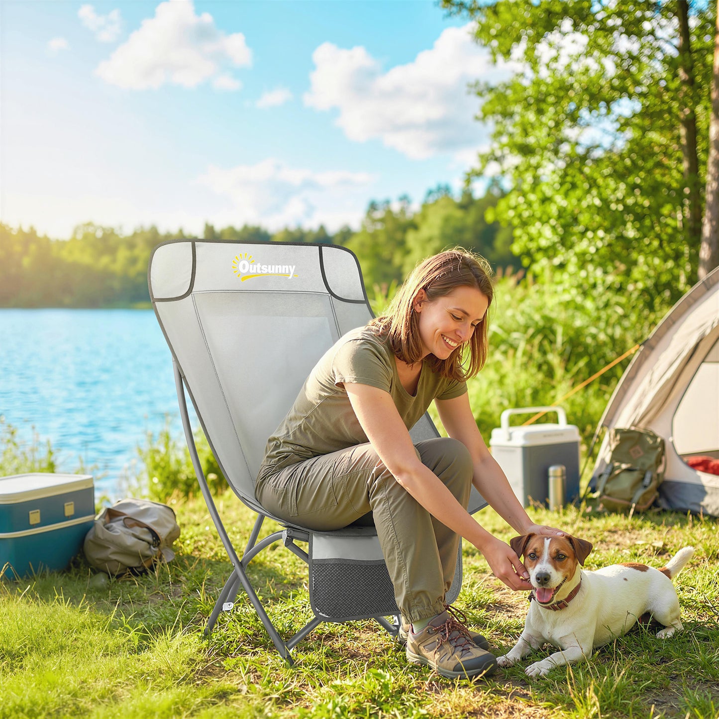 Outsunny Moon Camping Chair – Heavy Duty Folding Camp Chair, 120kg, Water-Repellent Oxford Fabric, Side Pocket & Carry Bag – Light Grey