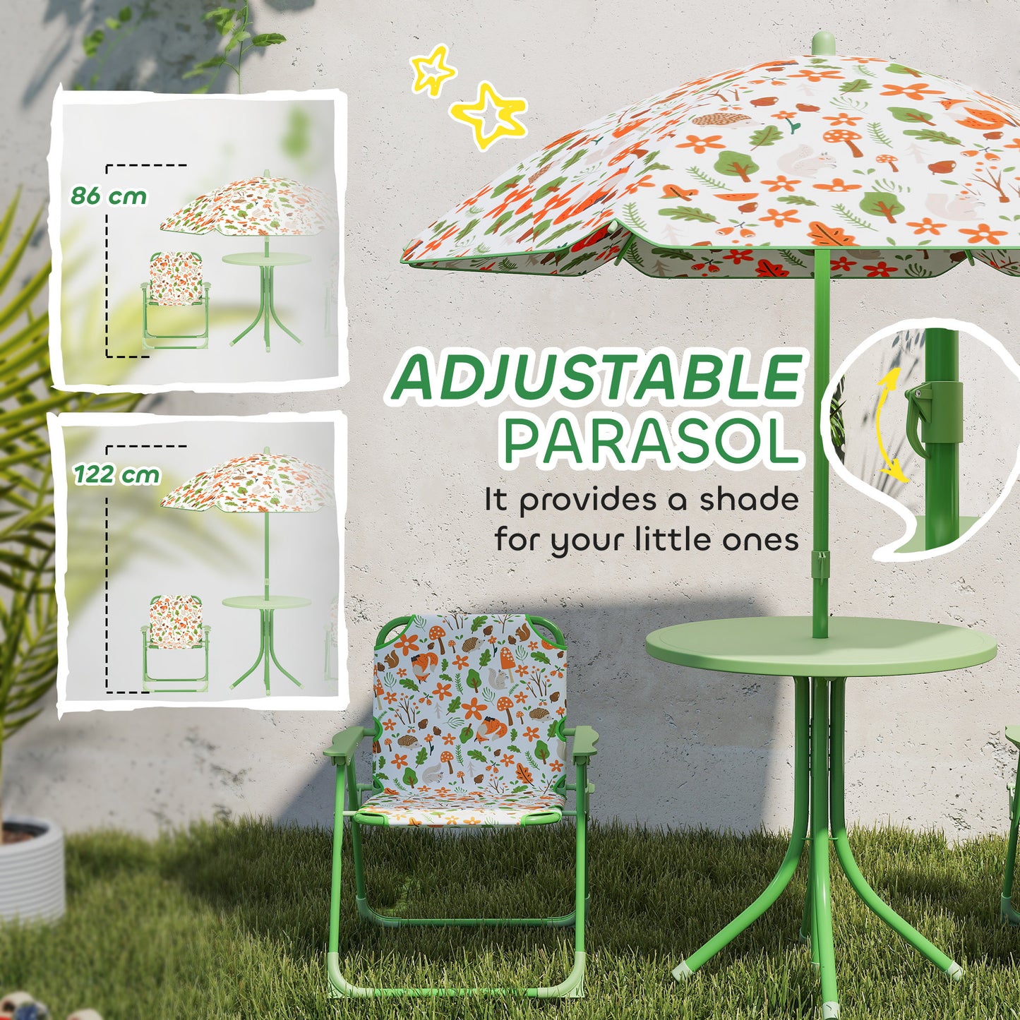 AIYAPLAY 4 Pieces Kids Garden Table and Chair Set with Adjustable Parasol, Folding Chairs, Table, Fox Pattern, Green / Pink