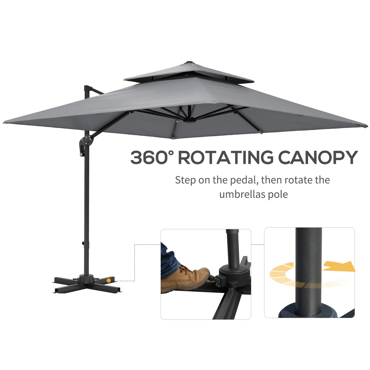 Outsunny 3 x 3(m) Cantilever Parasol with Aluminium Frame, Crank and Tilt, 360° Rotation, Double Top Garden Umbrella with Base and Cover, Light Grey