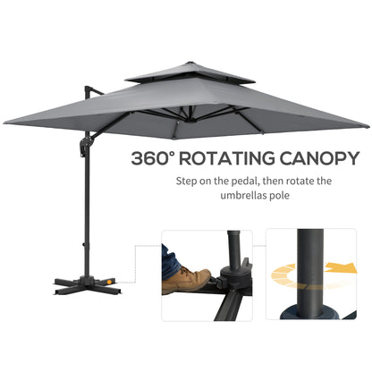 Outsunny 3 x 3(m) Cantilever Parasol with Aluminium Frame, Crank and Tilt, 360° Rotation, Double Top Garden Umbrella with Base and Cover, Light Grey