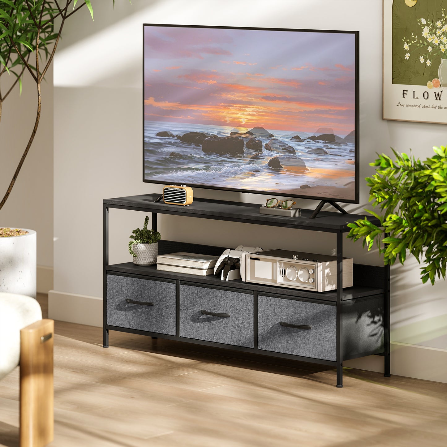 TV Stand Cabinet with 3 Foldable Drawers - Black