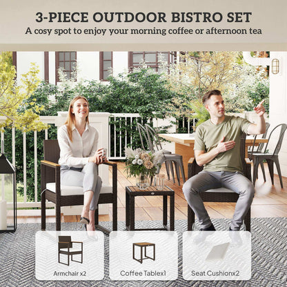Outsunny Three-Piece Rattan Chair Set With Acadia Wood Table - Brown / Grey