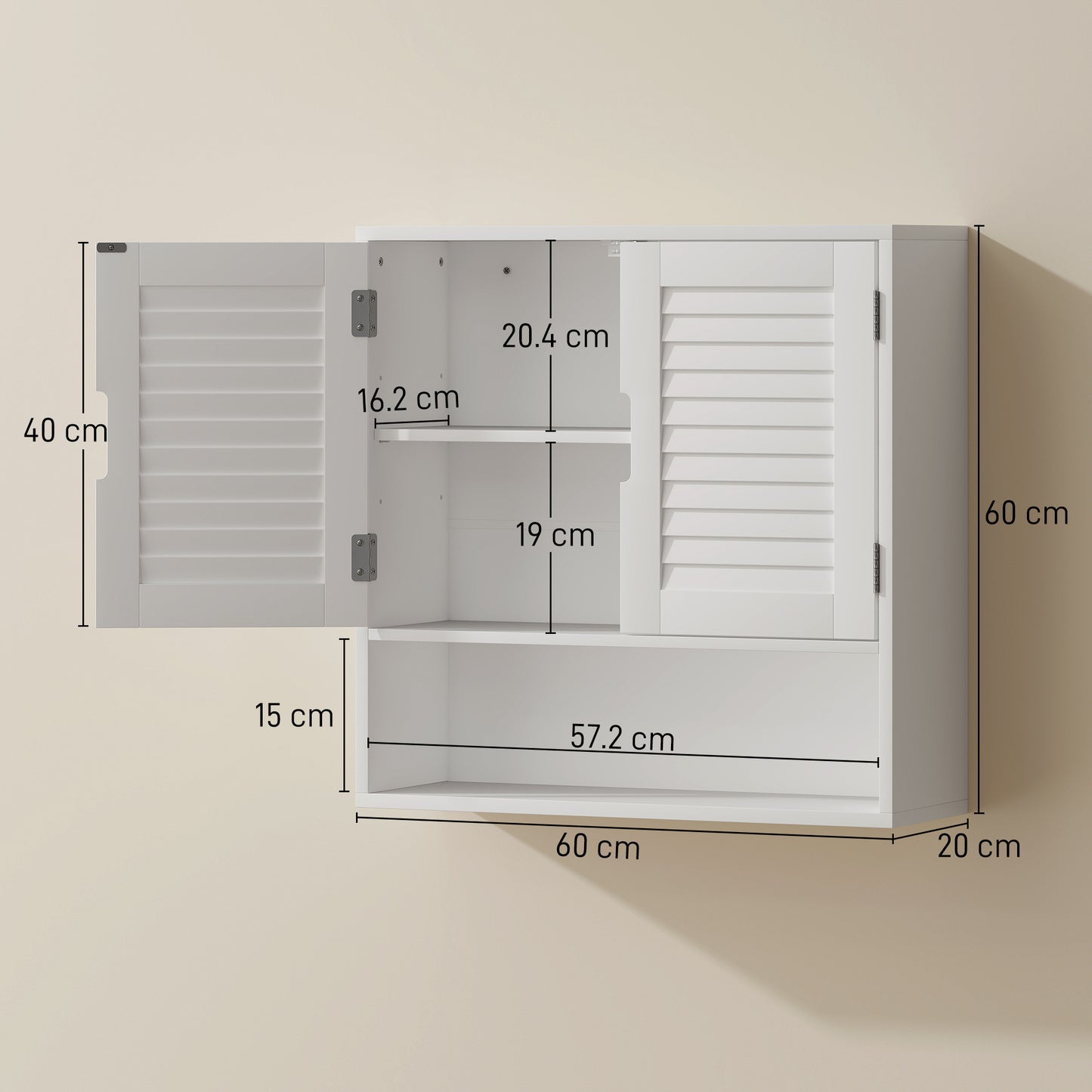 Bathroom Cabinet, Wall Mounted Storage Cabinet with Adjustable Shelves, 60 x 20 x 60 cm