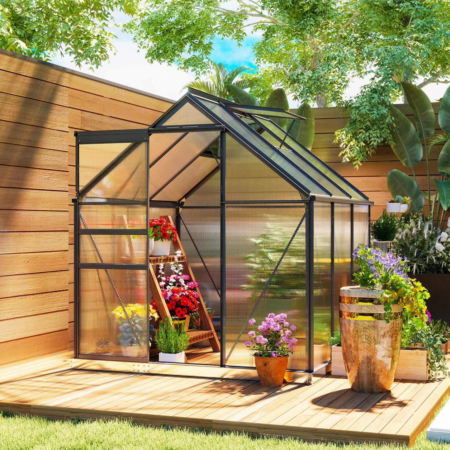 Outsunny 190 x 190cm Walk-In Polycarbonate Greenhouse - Grey
