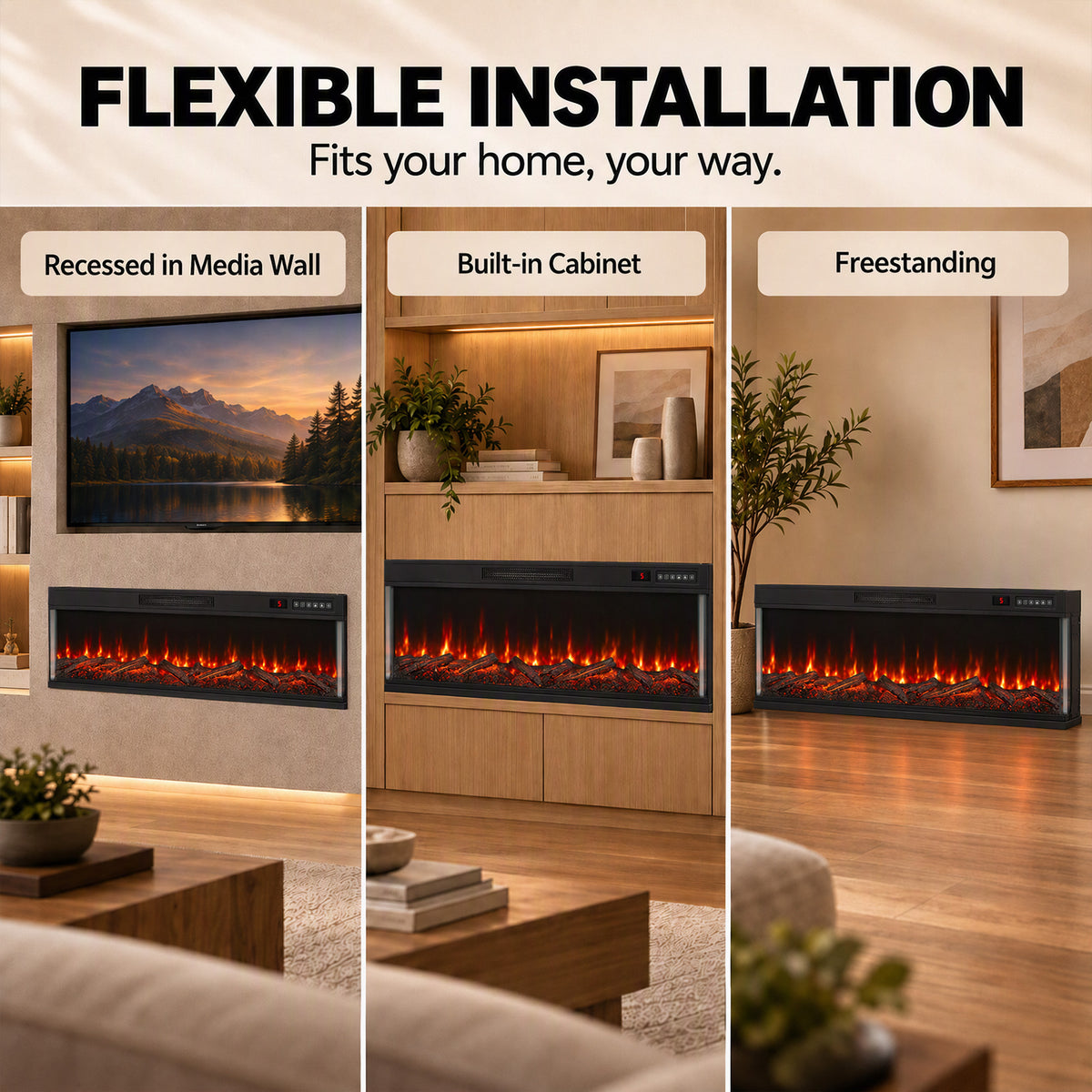 153cm Electric Fireplace Insert | 3-Sided Panoramic Log Effect | 900/1800W, 12 Colours, Remote & Weekly Timer | Black