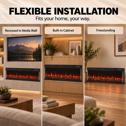 153cm Electric Fireplace Insert | 3-Sided Panoramic Log Effect | 900/1800W, 12 Colours, Remote & Weekly Timer | Black