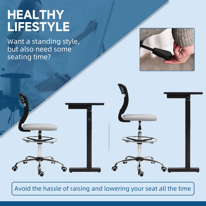 Draughtsman Chair for Tall Desks | Armless | Mesh Back | Padded Seat | Adjustable Foot Ring | 106-126cm Height | 110kg | Light Grey