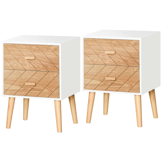 2 Drawers Bedside Table with Pine Legs, Bedroom Wooden Storage Cabinet, Set of 2, Natural