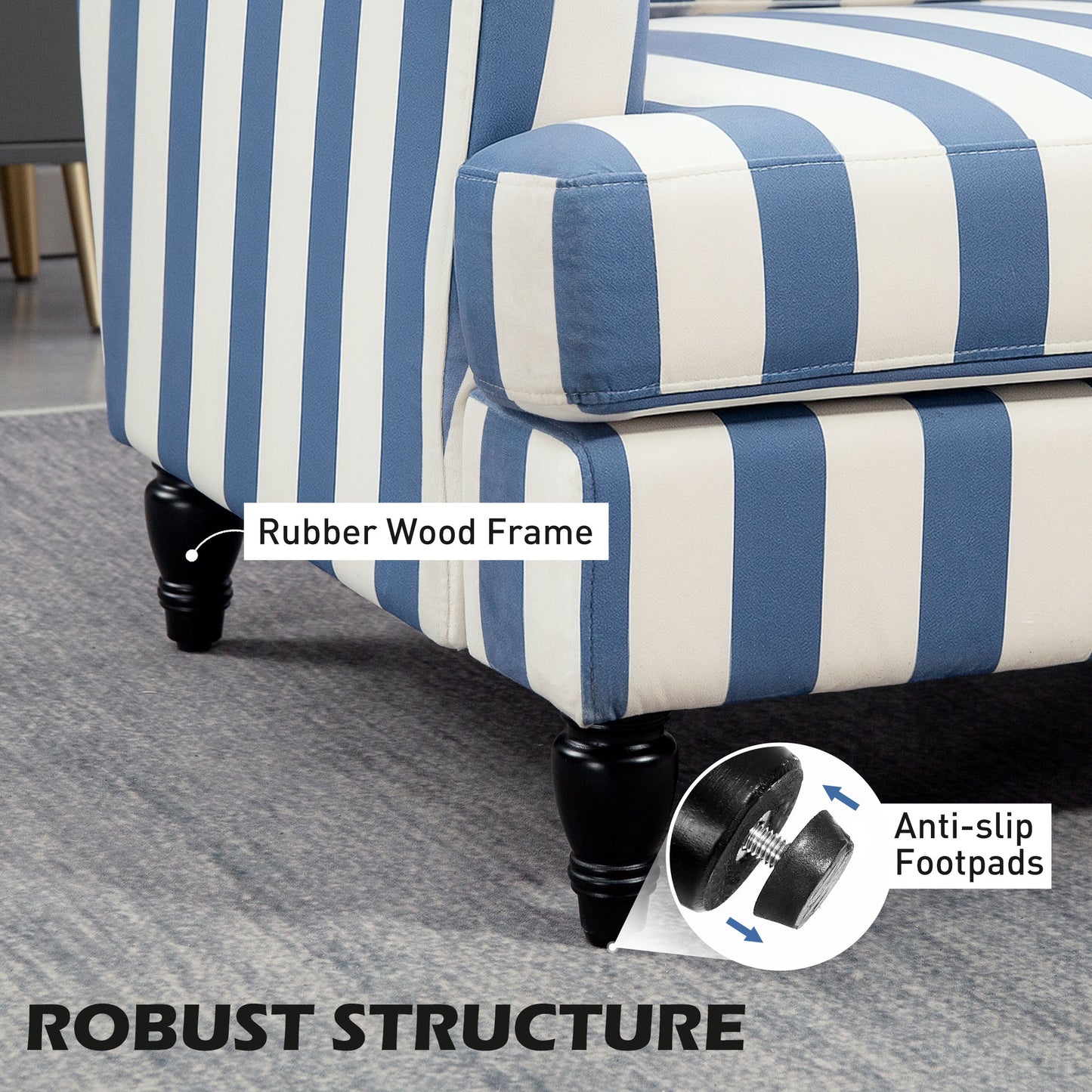 Modern Accent Chair, Velvet Armchair with Stripe, Turned Legs and Wide Seat, Upholstered Snuggle Chair for Living Room, Bedroom, Blue and White