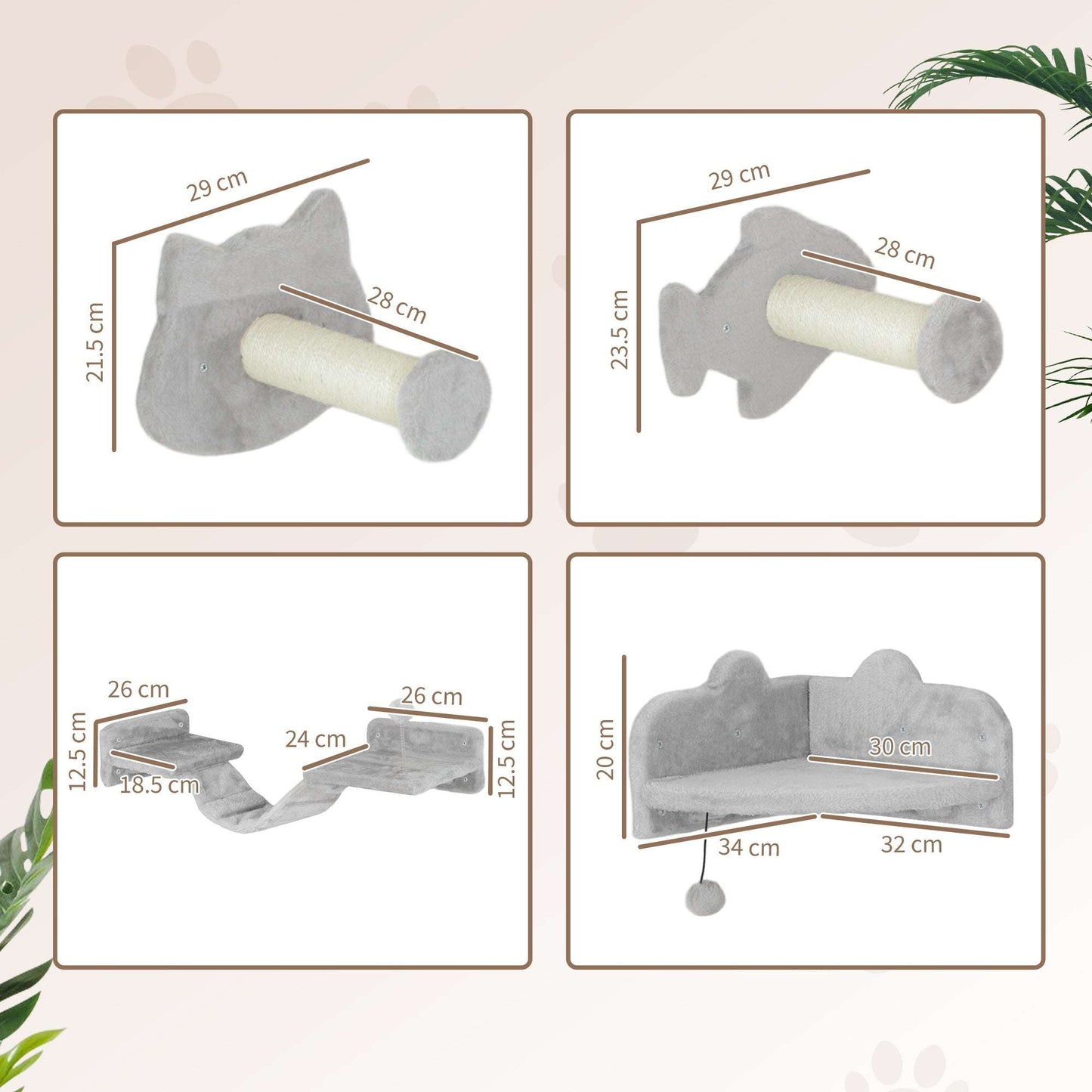 PawHut 4 Piece Cat Wall Shelves W/ Steps, Ladder, Jumping Platforms, Light Grey