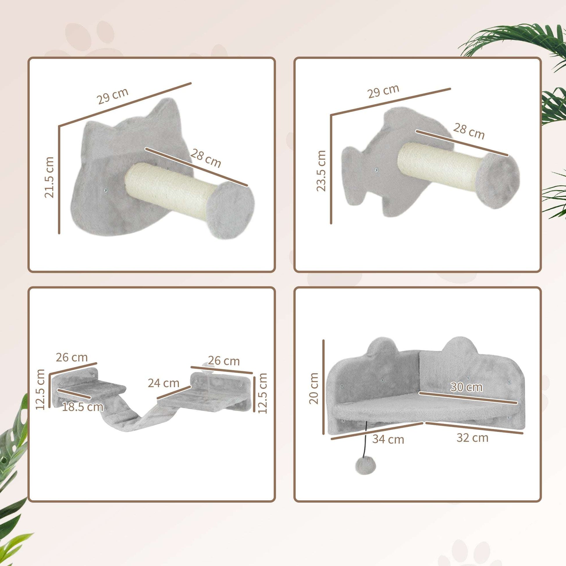 PawHut 4 Piece Cat Wall Shelves W/ Steps, Ladder, Jumping Platforms, Light Grey