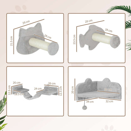 PawHut 4 Piece Cat Wall Shelves W/ Steps, Ladder, Jumping Platforms, Light Grey