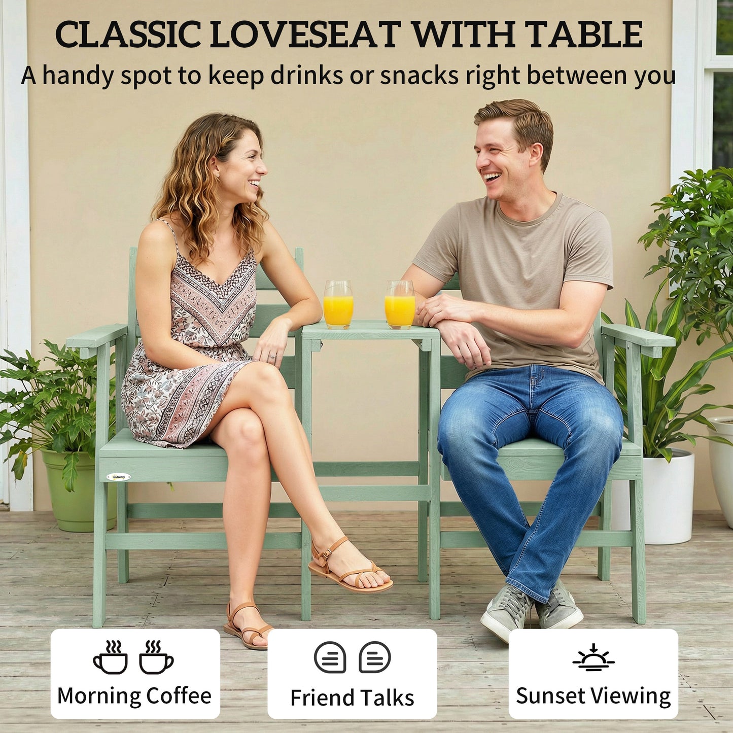 Jack & Jill Garden Loveseat | Embossed Fir Wood | Integrated Centre Table | Angled Backrest & Smooth Armrests | Slatted Quick-Drain Design | 300kg Total Capacity | 149x67x94cm | Green