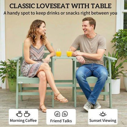 Jack & Jill Garden Loveseat | Embossed Fir Wood | Integrated Centre Table | Angled Backrest & Smooth Armrests | Slatted Quick-Drain Design | 300kg Total Capacity | 149x67x94cm | Green