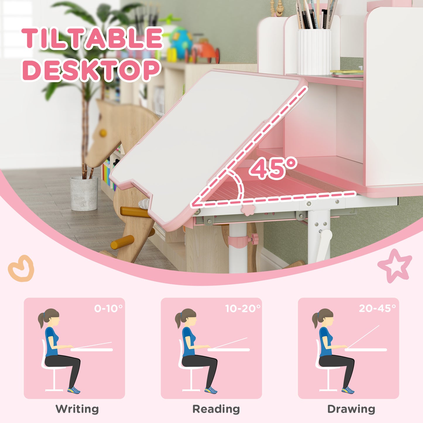 AIYAPLAY Height Adjustable Kids Desk and Chair Set, Children School Study Desk with Tiltable Desktop, Reading Rack