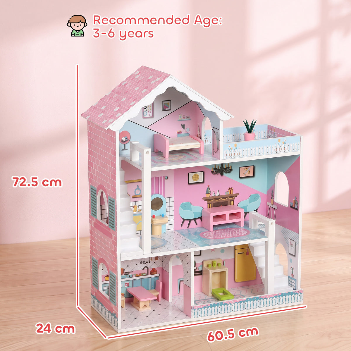 Kids Large 3-Storey Dolls House | 10 Accessories Included | Fits Dolls Up to 20cm | Detailed Rooms & Balcony | MDF | Smooth Edges | STEM-Inspired Pretend Play | 60.5x24x72.5cm | Ages 3–6 | Pink