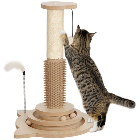 PawHut 49cm 5 in 1 Cat Scratching Post with Sisal Post, Track Ball Toy, Self Grooming Brush, Hanging Toy Ball, Feather, Oak