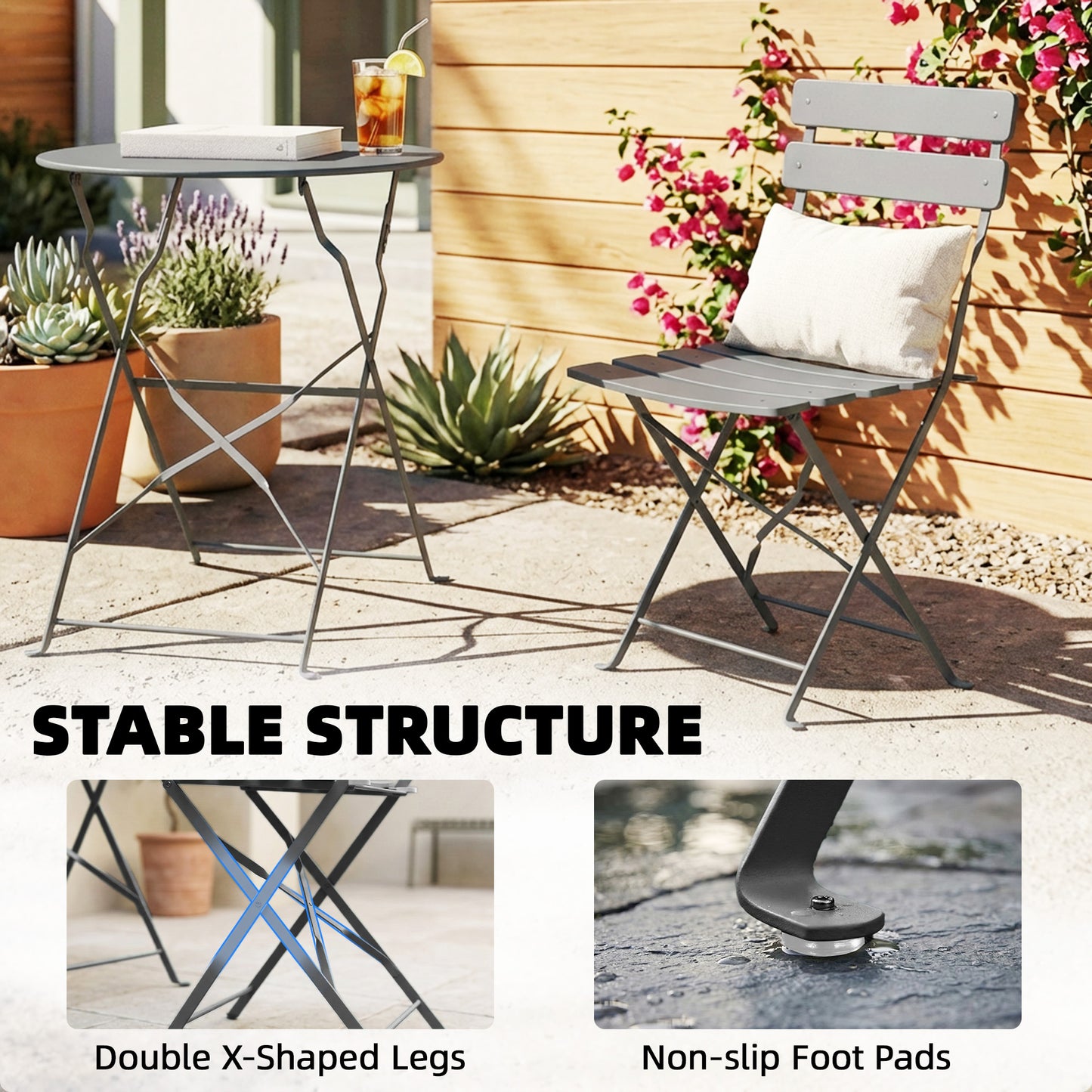 3 Piece Folding Garden Bistro Set | Round Table Ø58cm | 2 Slatted Chairs | Dual Rust Resistant | Folds Flat | No Assembly | 120kg | Grey