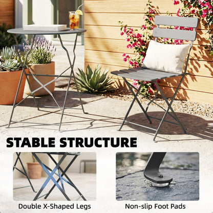 3 Piece Folding Garden Bistro Set | Round Table Ø58cm | 2 Slatted Chairs | Dual Rust Resistant | Folds Flat | No Assembly | 120kg | Grey