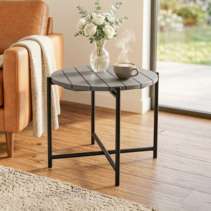 Industrial Garden Side Table | Slatted Fir Wood Top | Metal Frame | 54x54x45.5cm | 25kg | Dark Grey