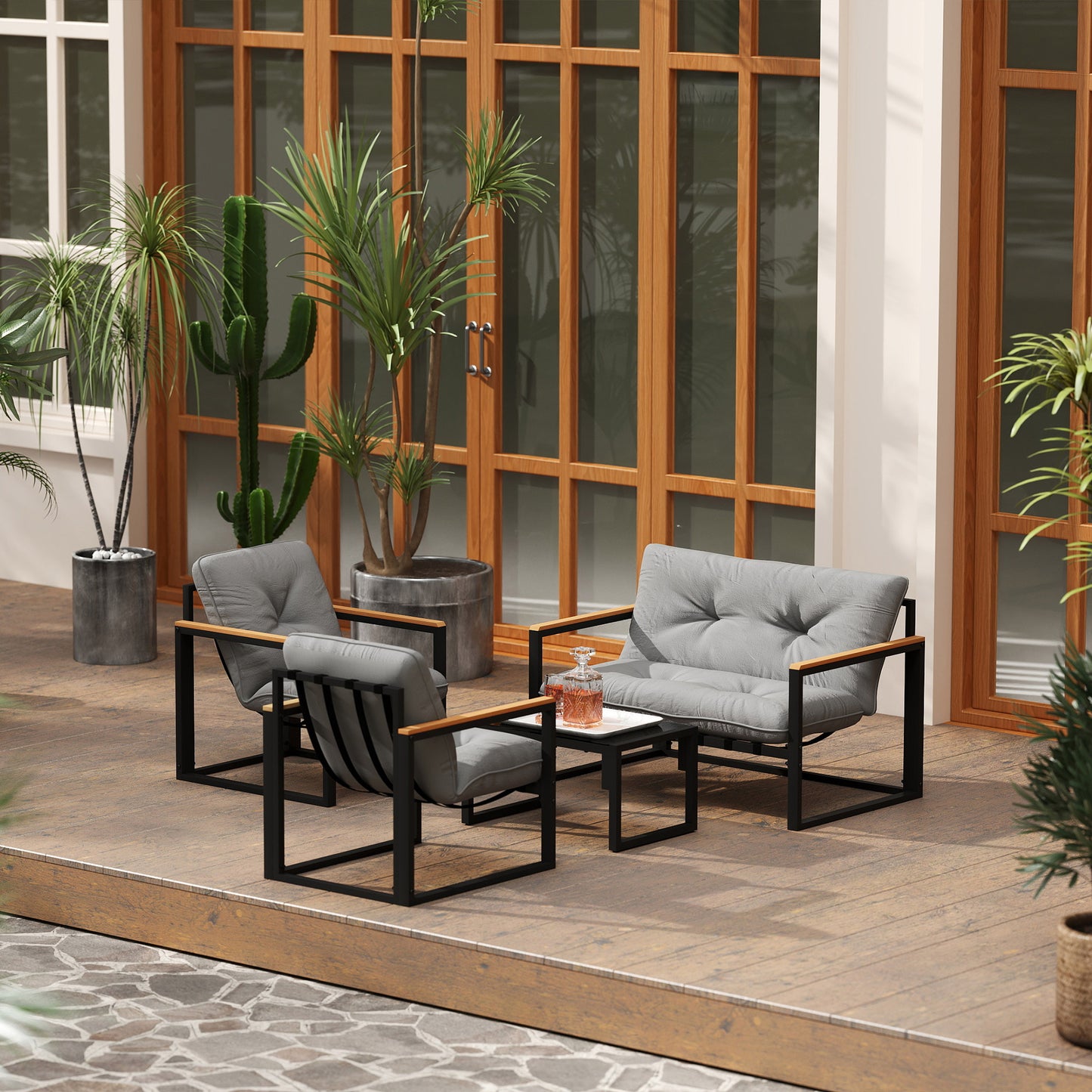 4-Piece Garden & Conservatory Furniture Set | Loveseat | 2 Armchairs | Glass Coffee Table | 15cm Cushions | Wood-Grain Armrests | 240kg | Light Grey