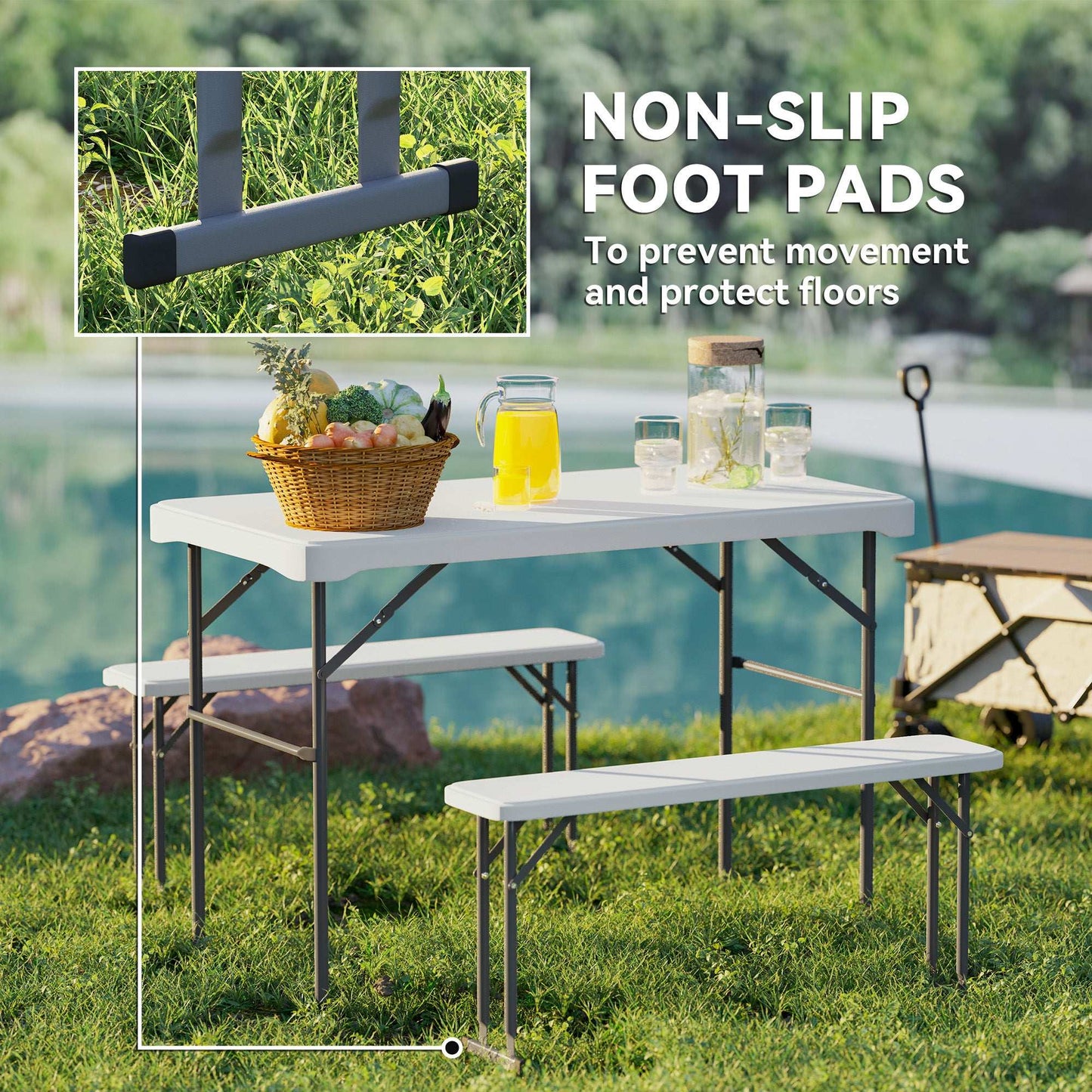 3 Piece 4ft Folding Picnic Table and Bench Set, Portable HDPE Camping Table and Chairs with Carrying Handle, Dining, Camping, Picnic, BBQ, Party, Light Grey