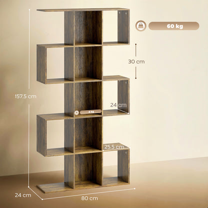 5-Tier S-Shaped Bookcase | 15 Compartments | Rustic Brown | 80 x 157.5 cm